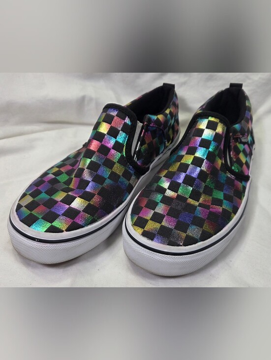 Vans Other - Vans Kids Slip-On Sneakers Black with Iridescent Rainbow Checkerboard Girl Sz 4